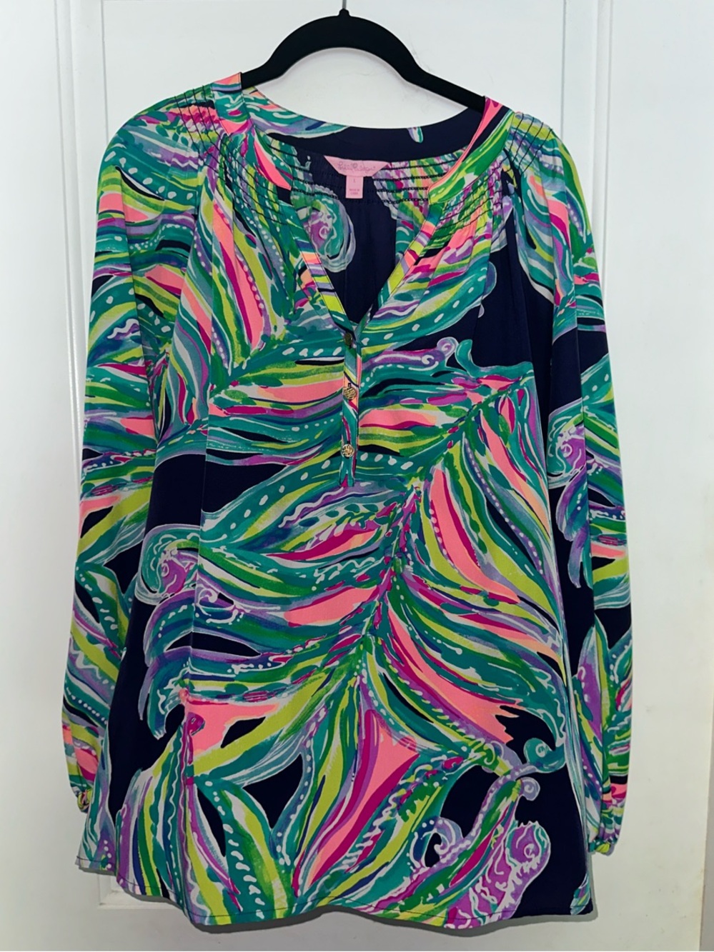 Lilly Pulitzer Elsa Navy Multicolor Tropical Leaf-Print Blouse
